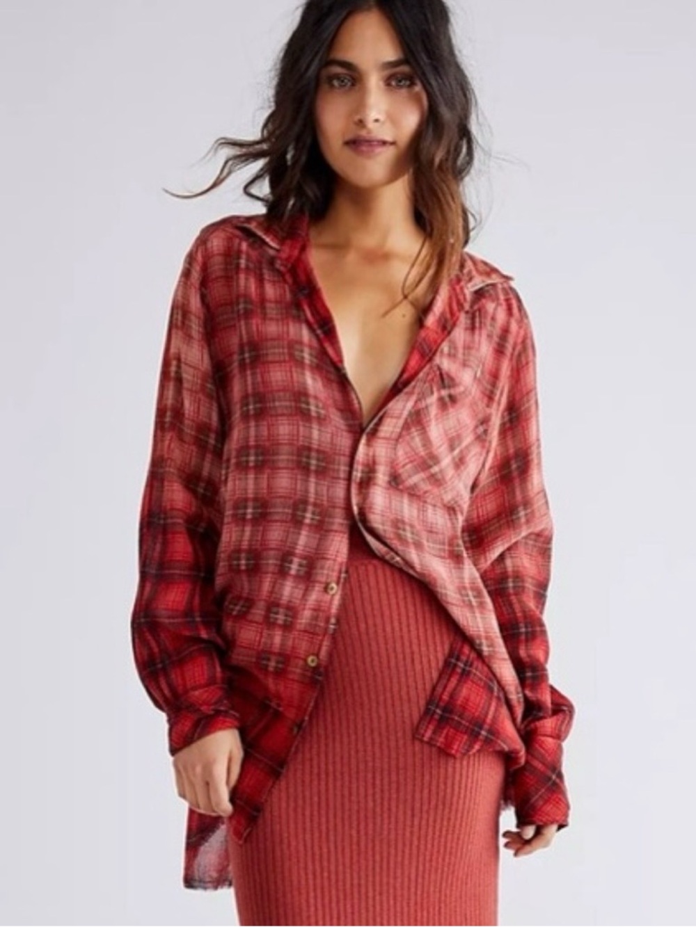 Free People One Grunge Ombré Plaid Shirt